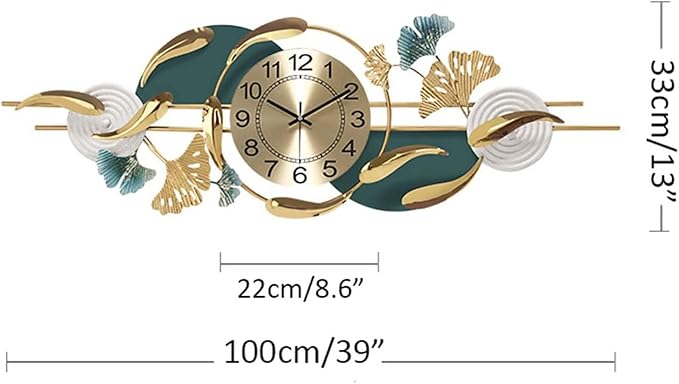 Wall Clock Large Metal Wall Clocks Creative Gold Fish Design Silent Wall Clock for Bedroom Kitchen Home Office Entrance Indoor 100x33cm/39x13 Clock (Horizontal A)