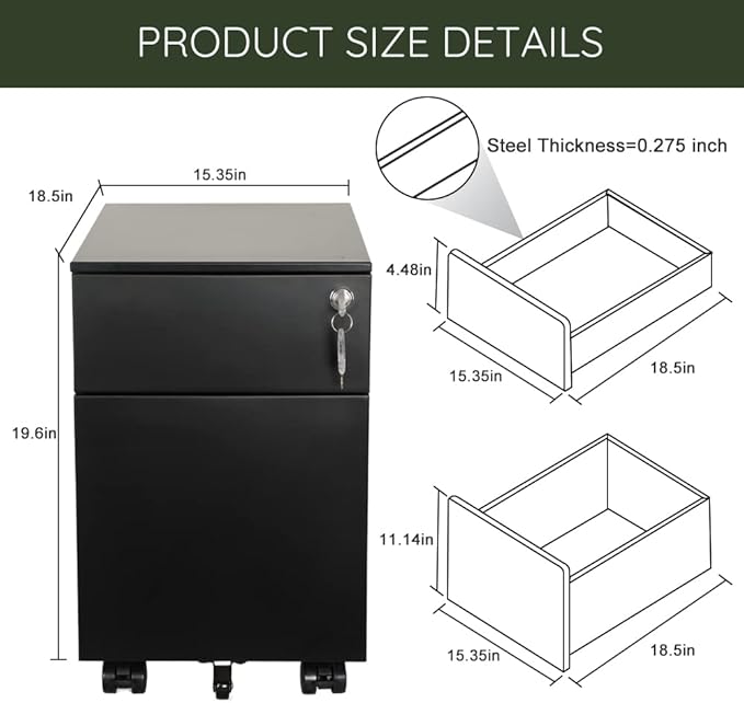 2 Drawer Mobile File Cabinet for Storage Under Desk in Home Office, Mobile File Cabinet, Metal File Cabinet with Lock, Legal/Letter /A4/F4 Size, Fully Assembled, Including Wheels, Black