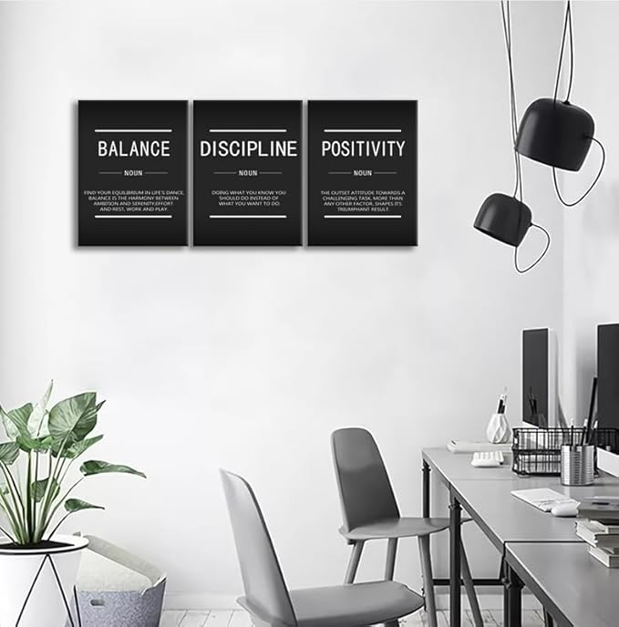 Inspirational Canvas Wall Art Balance Discipline Positivity Noun Painting Office Decor Inspiring 3 Pieces Posters Prints Motivational Picture for Wall Art Decor Living Room Gym Framed[36''Wx 16''H]