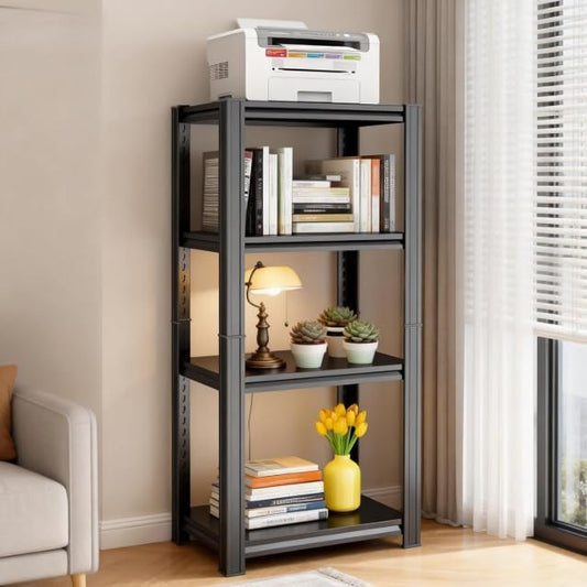 Metal Bookshelf for Living Room, Multifunctional Storage Shelf Unit - Open Display Shelves with Stable Structure for Home Office Bedroom, 1200LBS Ideal for Organization Storage Rack, 4-Tier 16"W Black