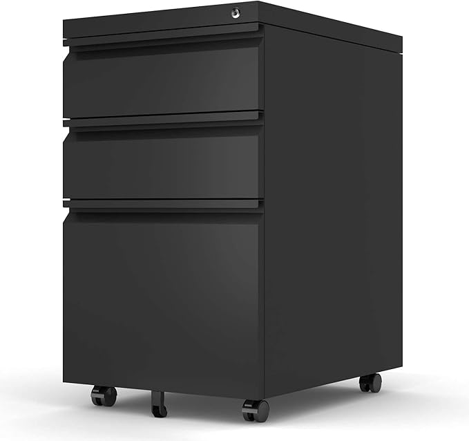3 Drawer Mobile File Cabinet with Lock, Under Desk Metal Filing Cabinet for Legal/Letter/A4 File, Fully Assembled Except Wheels (Black)