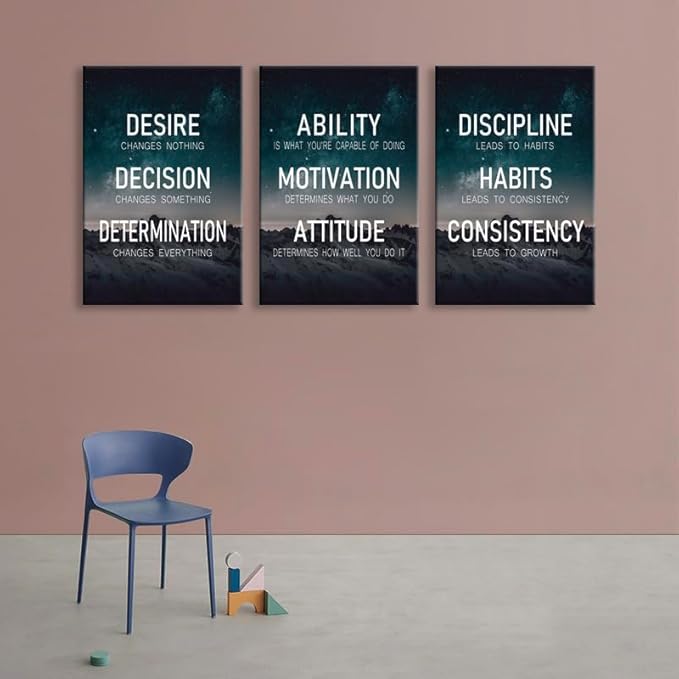Motivational Wall Decor“The Elements of Success:Discipline-Habits-Consistency-Attitude -Determination” Set of 3 Positive Posters Inspirational Wall Art for Home Gym Bedroom Living Room[48''Wx 24''H]