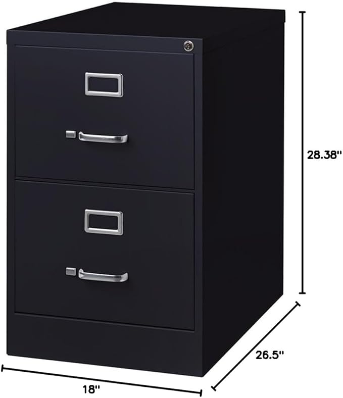 Pemberly Row Metal 2-Drawer Legal Width Vertical Filing Cabinet, 26.5" D, Black Finish, Commercial Grade Steel Construction, Ball-Bearing Drawer Slides, Lock Included, Office Storage Organization
