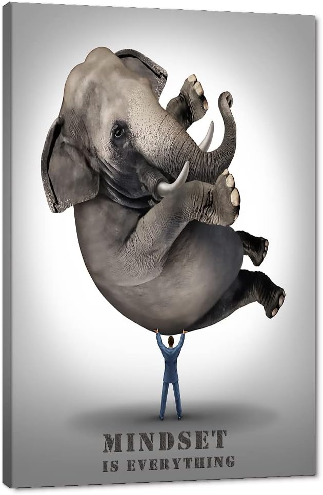 Abstract Large Office Canvas Artwork HD Print Painting Pictures Mindset is Everything Print Poster Elephant and Business Man Wall Art Gallery Wrapped Framed Home Classroom Study Room Decor-28 Wx44 H