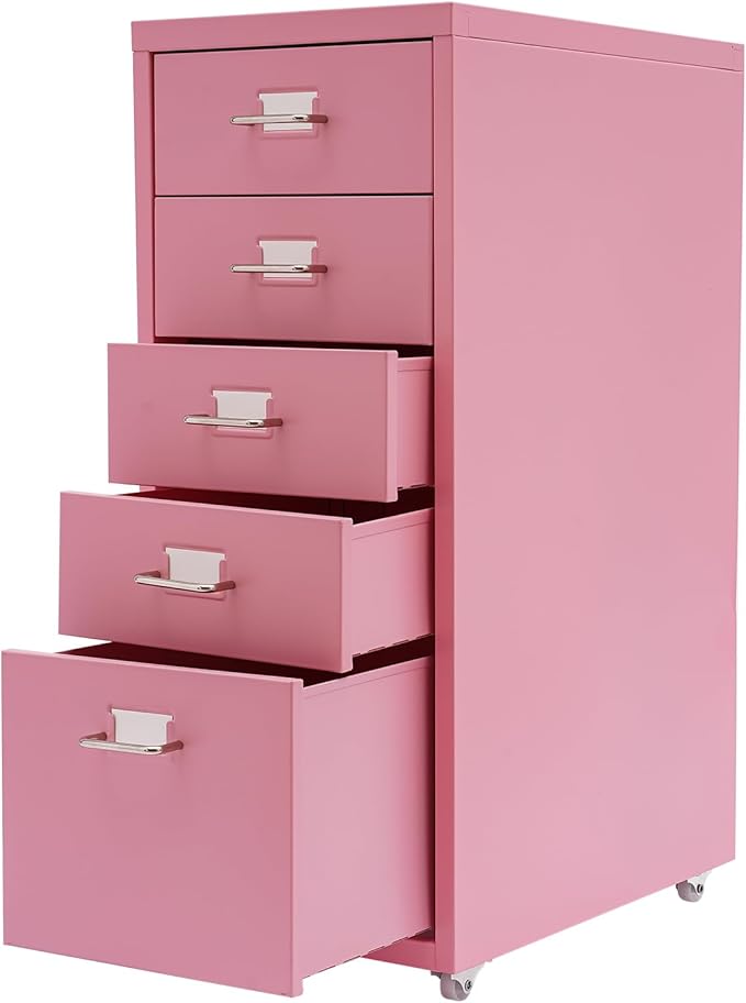 Metal File Storage Cabinet, 5 Drawer Vertical Filing Cabinets with Wheels Under Desk Storage Drawers, 11 * 16.1 * 27.1in Mobile File Cabinets Under Desk Cabinet for Bedroom, Office (Pink)