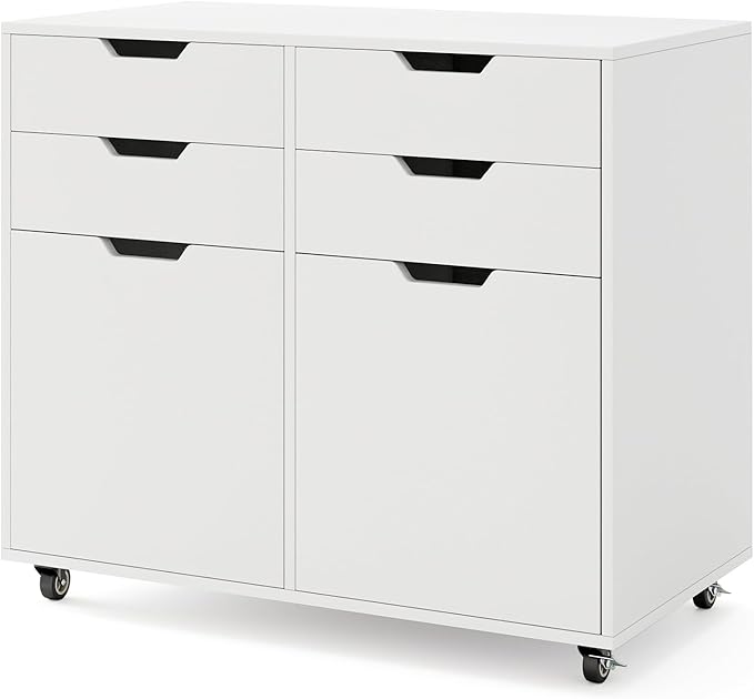 White File Cabinet with 4 Drawers and 2 Doors, Under Desk Mobile Storage Organizer, Wooden Printer Stand on Wheels, 29" Lateral Filing Cabinet for Home Office Living Room