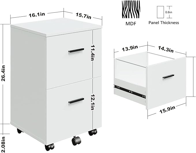 Panana 2 Drawer Mobile File Cabinet, Wood Rolling Filing Cabinet Printer Stand Under Desk Storage Organizer Fits Letter Size File Folders for Home Office (White)
