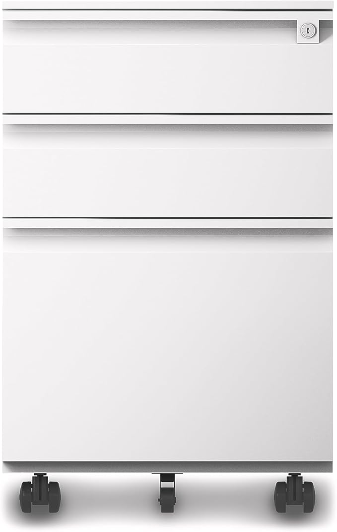 3-Drawer Mobile File Cabinets Rolling, Vertical Metal Filing Cabinet for Legal & Letter File Anti-tilt Design with Lock Under Desk Office Drawers Fully Assembled (White)