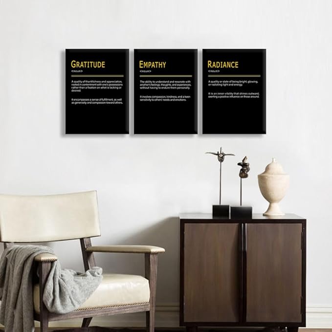 WYJDFART Motivational Wall Art A Positive Emotional Chain GRATITUDE EMPATHY RADIANCE Noun 3 Pieces Inspirational Quotes Posers for Office Home Bedroom Workplace Framed Ready to Hang [36''Wx 16''H]
