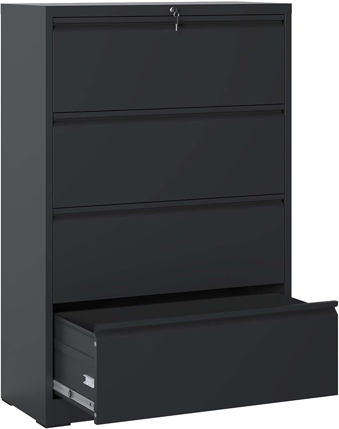 4 Drawer Lateral File Cabinet with Lock for Home Office Metal Filing Cabinet with Adjustable Hanging Rails Horizontal Filing Organization Storage Cabinet for Letter/Legal/A4/F4 Size Black