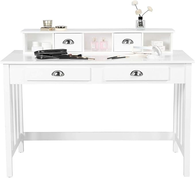 Topeakmart Computer Desk with 4 Drawers and Removable Floating Organizer, Home Office Desk Writing Studying Desk with Large Tabletop, Modern Workstation Gaming Table Secretary Desk for Office, White