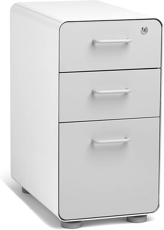 Poppin Slim Stow 3-Drawer File Cabinet - White + Light Gray. 2 Utility Drawers and 1 Vertical Hanging File Drawer. Fully Painted Inside and Out. Powder-Coated Steel. Two Keys Included