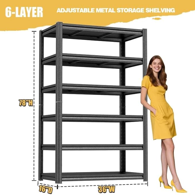 6-Tier Metal Bookshelf, Modern Black Book Shelf, 1800LBS Industrial Tall Display Bookcase, Adjustable Bolt-Free Storage Shelves for Living Room, Bedroom, Kitchen, 36" W x16 D x78 H