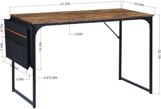 Homy Casa Inc 47 inch Study Storage Bag Space Saving for Home Office, Modern Simple Style PC, Black Metal Frame Computer Desk, Writing Table, Brown