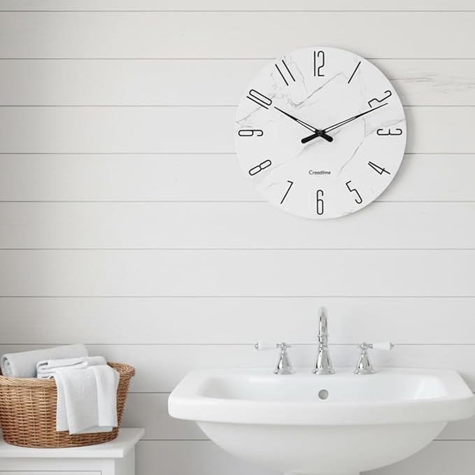 Wall Clock White Marble Theme Modern Decorative Waterproof Glass Clock for Bathroom Kitchen Home, 12 Inch Battery Operated