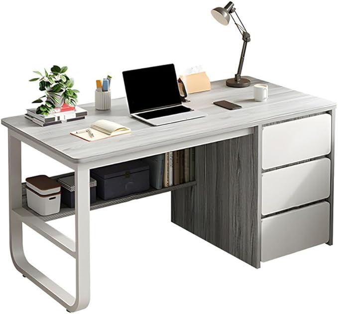 NIUYAO Small Computer Desk with 3-Tier Drawers Modern Writing Table Storage Shelves Work Desk PC Table Home Office Corner Study Desk Without Chair (Grey, 55" L x 19.5" W x 29" H)