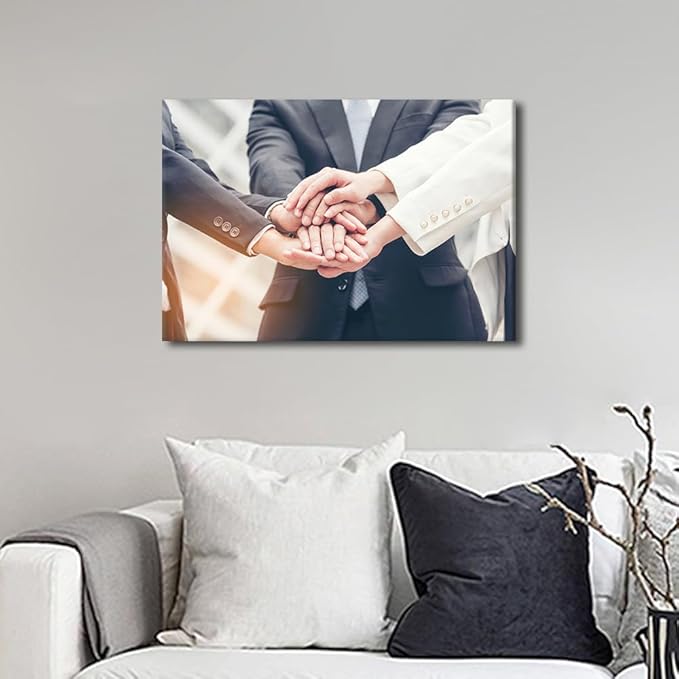 1 Panel Canvas Wall Art Business Teamwork Concept Pictures Modern Decor Stacked Hands Gesture Poster Canvas Print Frame Ready To Hang (12"Wx18"H)
