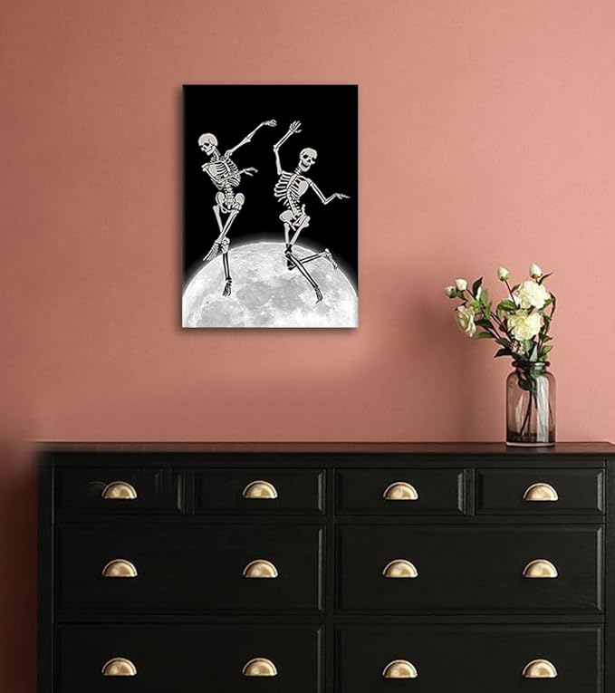 Skull Wall Art - Creative Skeletons Dancing on the Moon Canvas Prints Unique Gothic Wall Decor Funny Dark Humor Poster Spooky Home Decoration for Living Room Bedroom Office, Framed 12x16 in