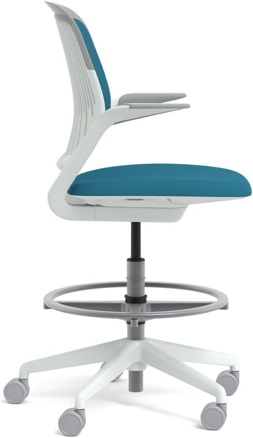 Steelcase White Base with Hard Floor Casters Cobi Stool, Blue Jay -