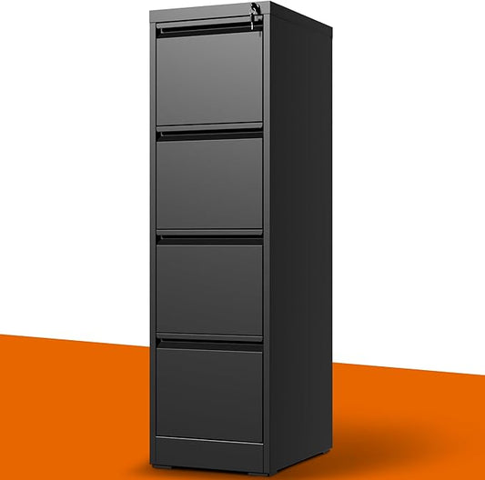 4 Drawer File Cabinet with Lock, Metal Vertical File Cabinets for Home Office, Office Furniture for Organization Hanging Legal/Letter/A4, Office File Cabinet Storage Cabinet, Require Assembly, Black