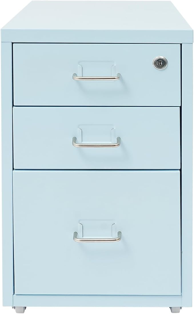 3 Drawer File Cabinet with Lock Vertical Filing Storage Cabinet Home Office Metal Vertical File Cabinets for Letter Legal A4 File Size, Assembly Required (Blue, 3 Drawer)