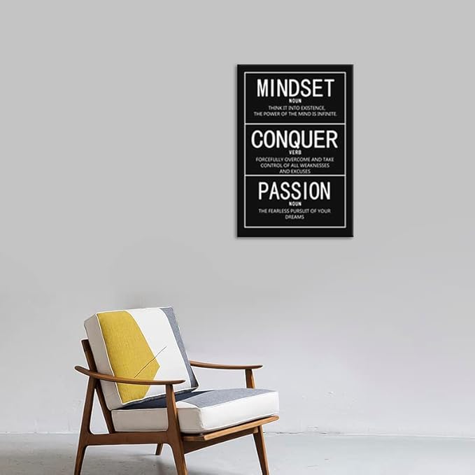 Inspirational Canvas Wall Art Mindset Noun Conquer Verb Passion Noun Picture Poster Wooden Artwork Motivational Entrepreneur Quote Painting for Office Bedroom Decor Framed [24" W x 36" H]