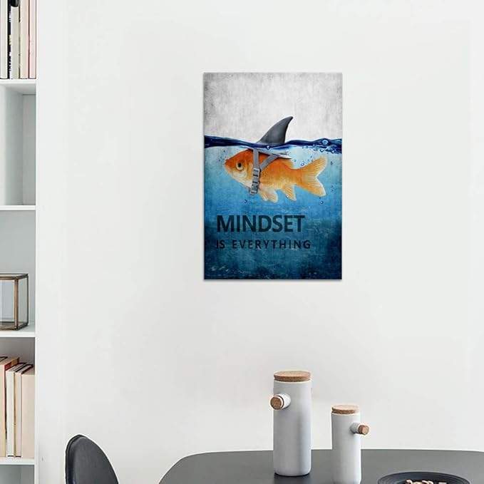 Goldfish Shark Canvas Wall Art Inspirational Entrepreneur Quotes Poster Mindset is Everything Motivational Painting Picture Print Artwork for Living room Bedroom Office Home Decor Framed (12" Wx16 H)