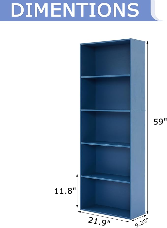 Bookshelves and Bookcases,5-Tier Double Open Storage Shelf, Floor Standing Display Storage Shelves for Home Office, Living Room, Bedroom, Blue