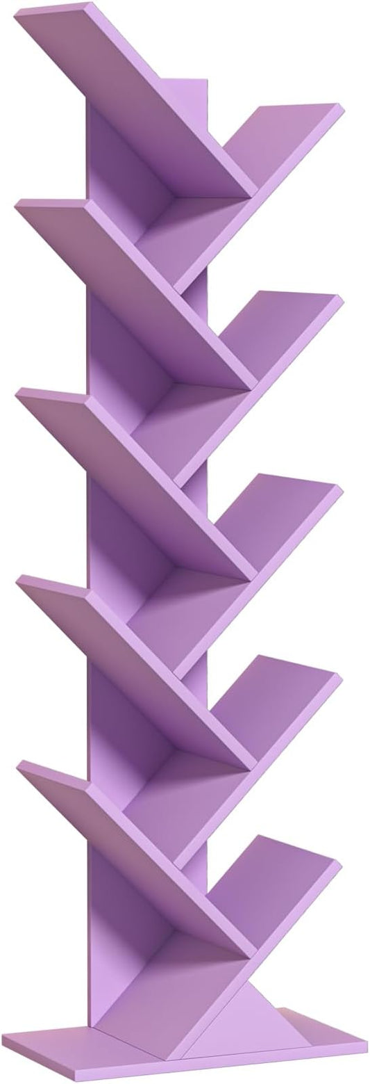 10 Tier Tree Book Shelf, Floor Standing Wood Bookshelf for Narrow Space, Storage Organizer Bookshelves for Books/CDs/Magazine, Bookcase with Shelves for Home Office, Living Room-Dream Purple