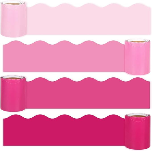 Whaline 65.6ft Valentine's Day Bulletin Board Borders 4 Rolls Pink Series Die-Cut Bulletin Board Strips Colorful Rolled Trim Stickers for School Classroom Office Chalkboard Decoration