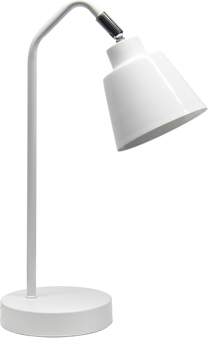 Simple Designs LD1077-WHT 16" Sleek Essentials Adjustable Metal Desk Task Lamp, for Office, Desk, Nightstand, Dorm, White