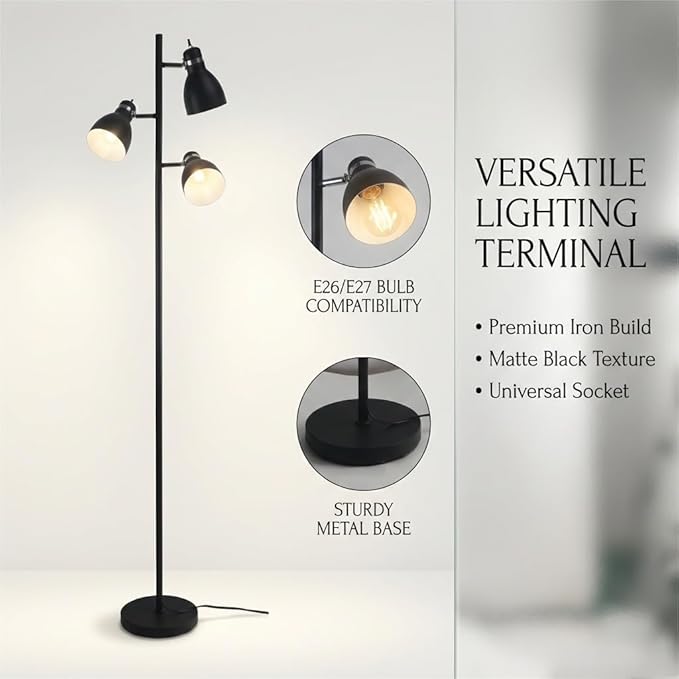 FIRVRE Modern Tree Floor Lamp for Living Room,Industrial 3-Light Standing Lamp, Black Adjustable Rotation Heads, Standing Tall Pole Lamp Farmhouse Rustic Reading Lamps for Bedroom Office