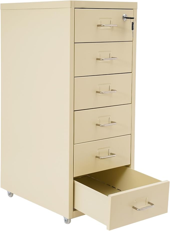 File Cabinets, 6 Drawer File Cabinet with Lock and Wheels, 11 X 16 X 27 inch Metal Office Filing Cabinets for Office, Study (Beige)