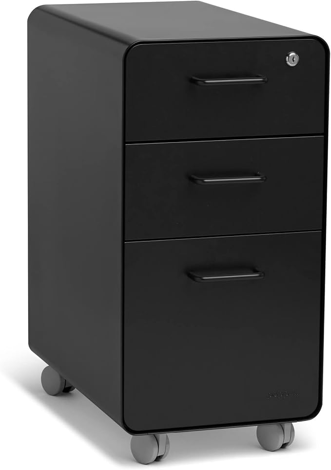 Poppin Black Slim Stow 3-Drawer Rolling File Cabinet, One Lock Secures All Drawers, Durable Powder-Coated Steel Construction, Stay Organized and Keep Documents Safe, 12.5" x 20" x 25"