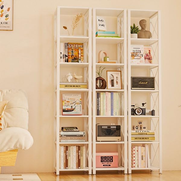 IBUYKE 6-Tier Tall Narrow Bookcase,Wood Corner Shelf Storage Display Rack for Small Spaces,Free Standing Open Bookshelf Square Shelf Tower for Home Office Living Room Bathroom, White UTBC001W