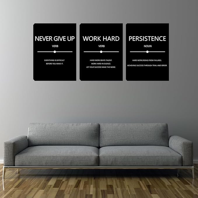 Yetaryy Motivational Quotes Canvas Wall Art - Persistence & Work Hard Themes, 3 Pieces, Black, 20"x28", Office, Gym, Living Room, Bedroom Decor