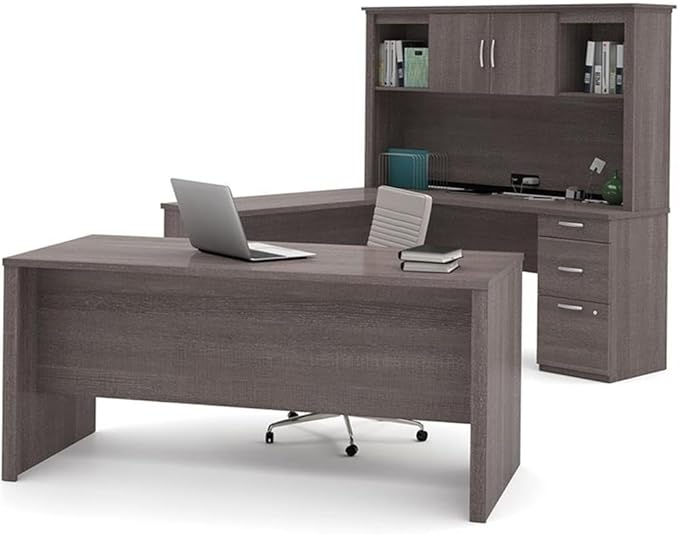 Atlin Designs Modern Wood U Shape Computer Desk with Hutch, Bark Gray Finish, 1" Scratch-Resistant Surface, File Drawer, 95.5 x 66 x 66.5 in Office Desk for Home or Professional Workspace