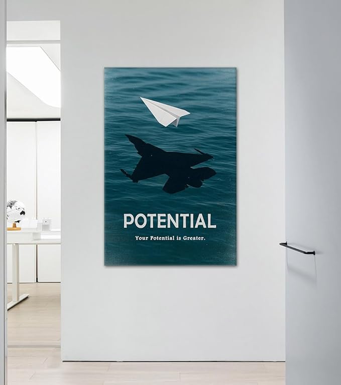 Motivational Potential Wall Art - Your Potential is Greater with Blue Ocean Background Canvas Prints Entrepreneur Poster Inspirational Quote Wall Decor for Office Living Room Home, Framed 28"x44"