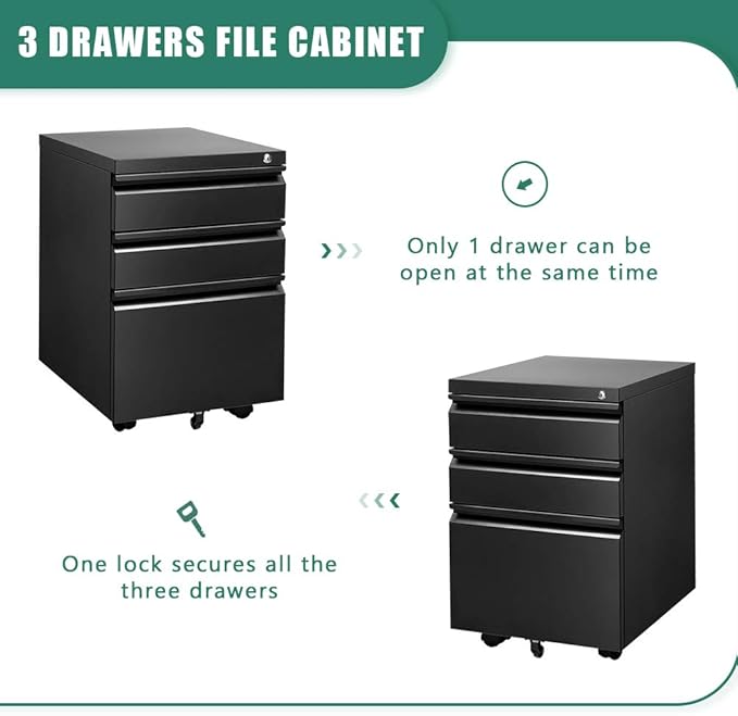 INVIE 3 Drawer File Cabinet with Lock, Metal Vertical Filing Cabinet Under Desk for Legal Letter File Anti-tilt Design Office Mobile Cabinet(Black A