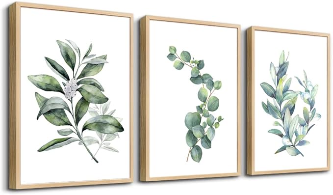 Hyidecorart Wood Framed Wall Art - Large Green Leaves Wall Paintings Set Of 3 Piece Framed Prints For Living Room, Bedroom, Office, Kitchen