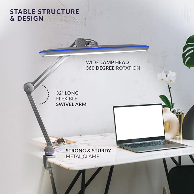 Neatfi XL 2,200 Lumens 20W LED Task Lamp – 23” Ultra-Wide Head | 182 SMD LEDs | 4 Brightness Levels | 3 Light Modes | Eye-Caring, Glare-Free | Adjustable Arm (Silver, CCT with Clamp)