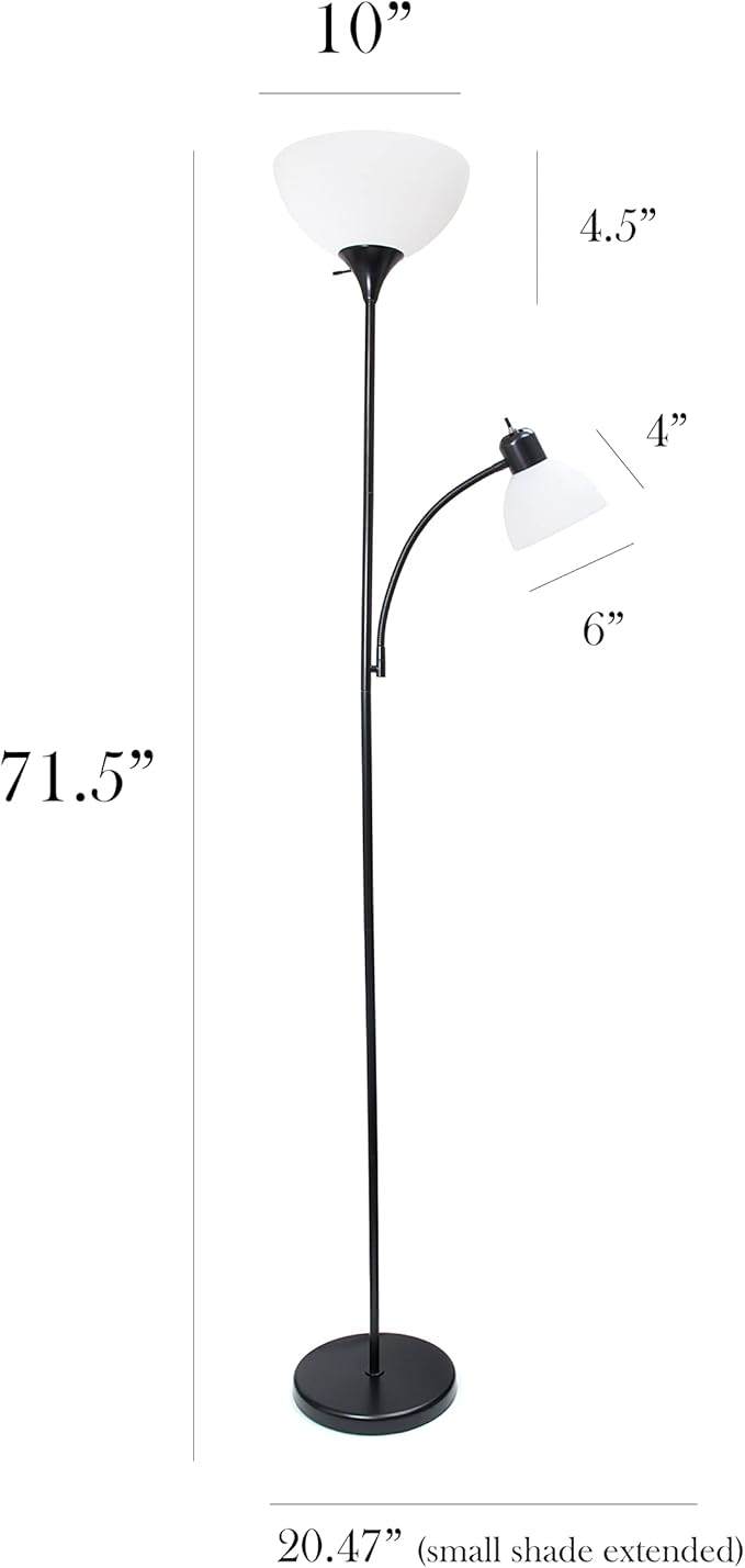 Simple Designs LF2000-BLK-2PK 2 Light Mother Daughter Floor Lamp with Reading Light, 2 Pk Black, 71.5"