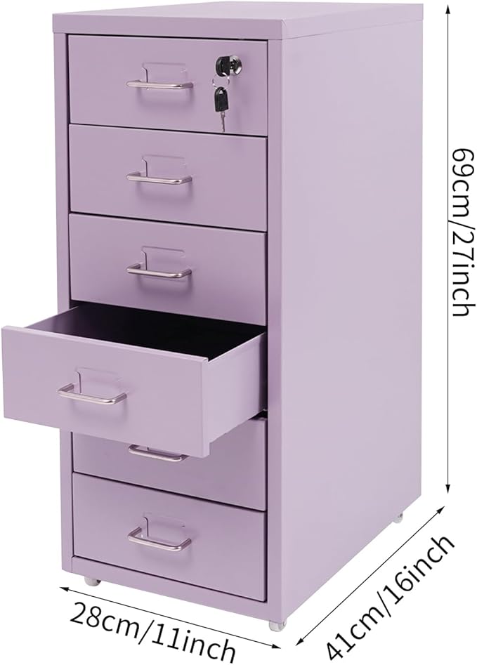 Vertical File Cabinets | 6 Drawer File Cabinet with Lock | Steel Lockable Storage Cabinets | Metal S-torage Cabinet for Home Office | storage A4/F4/Letter/Legal | With 4 Wheels | 2X Keys (Purple)