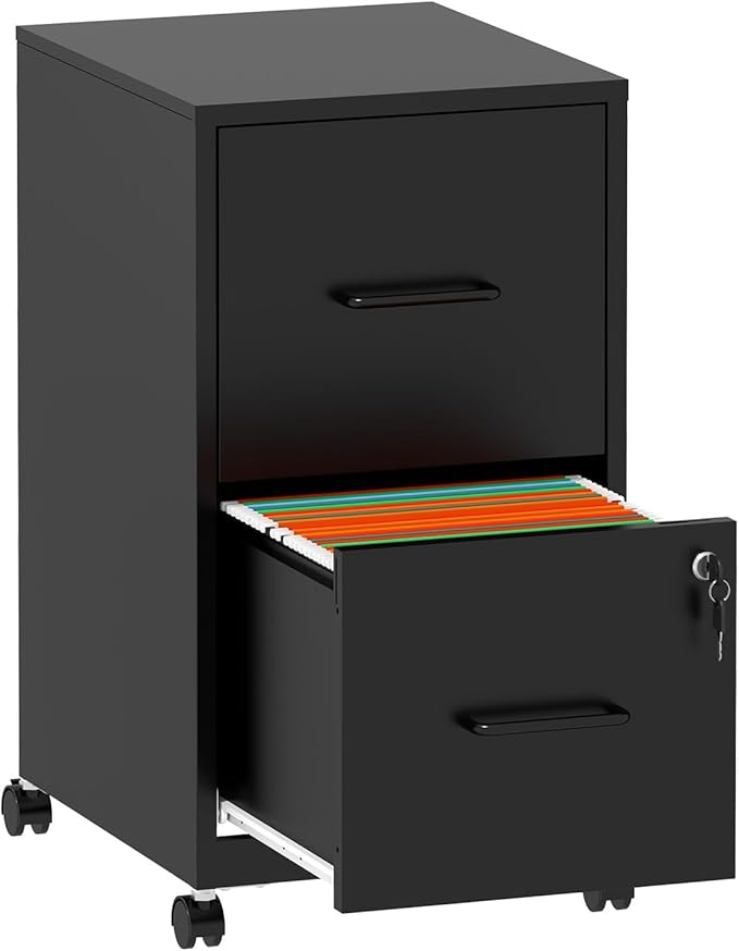 2 Drawer File Cabinet with Wheels, Metal Mobile Filing Cabinets with Lock, Vertical File Cabinet for Home Office, Rolling Storage Cabinet for A4/Letter/Legal Size File, Assembly Required, Black