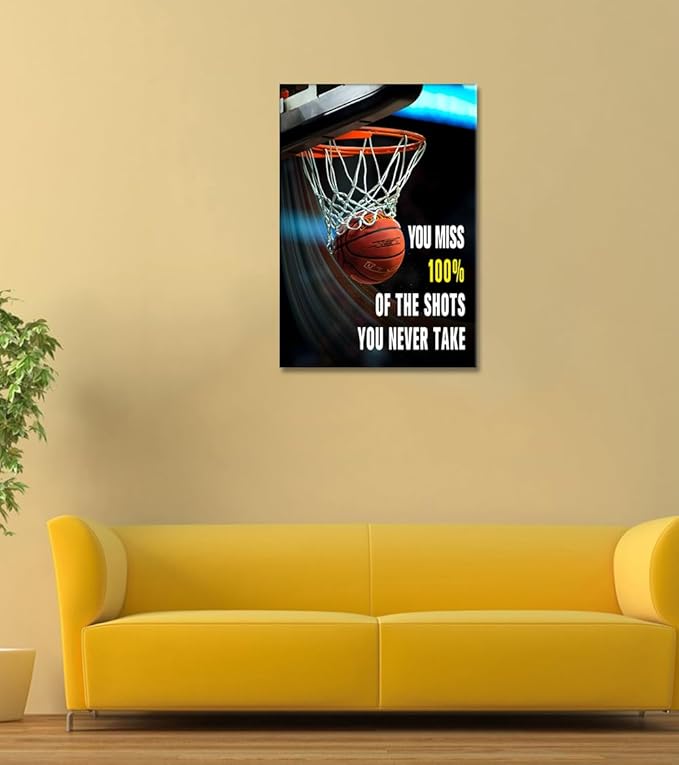Motivational Canvas Wall Art You Miss 100% of The Shots You Never Take Poster Basketball Art Prints Modern Inspirational Pictures for Home Office Decor Frame Easy to Hang - 36x24 inch