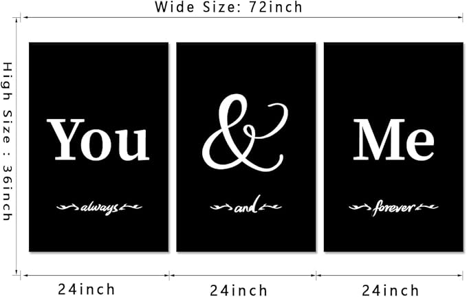 Set of 3 Large Wall Art for Bedroom, Black White You and Me Canvas Wall Decor Love Style Picture Simple Words Poster Modern Painting Artwork Framed Print for Living Room Home, 24" x 36" x 3Pcs