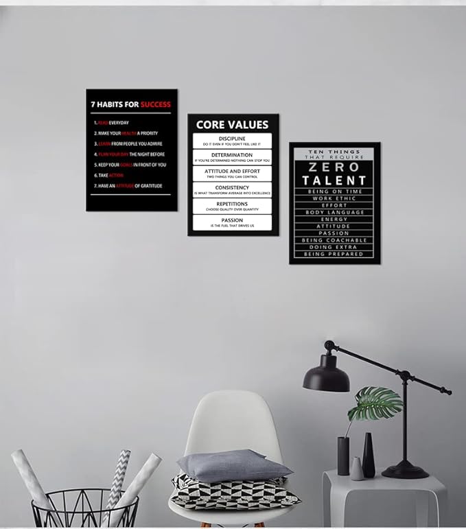 Inspirational Canvas Wall Art 3 Pieces Core Values Poster Motivational Ten Things That Require Zero Talent Canvas Artwork Picture Print Framed for Home Office Living Room Gym Wall Decor [36''Wx 16''H]