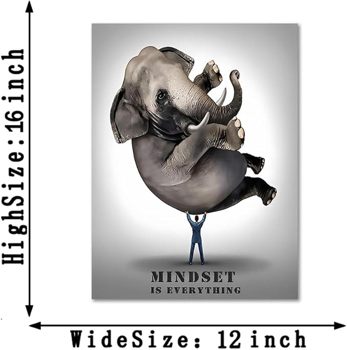 Motivational Office Wall Art – Mindset is Everything Quotes Wall Decor Businessman Lifting Elephant Canvas Print, Framed Inspirational Artwork for Living Room or Bedroom (12" x 16")