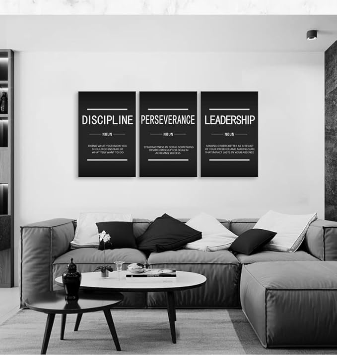 Discipline Perseverance Leadership Noun Inspirational Wall Art 3 Pieces Canvas Print Office Decor Inspiring Framed Prints Motivational Quotes for Wall Art Decoration Ready to Hang[48''Wx 24''H]