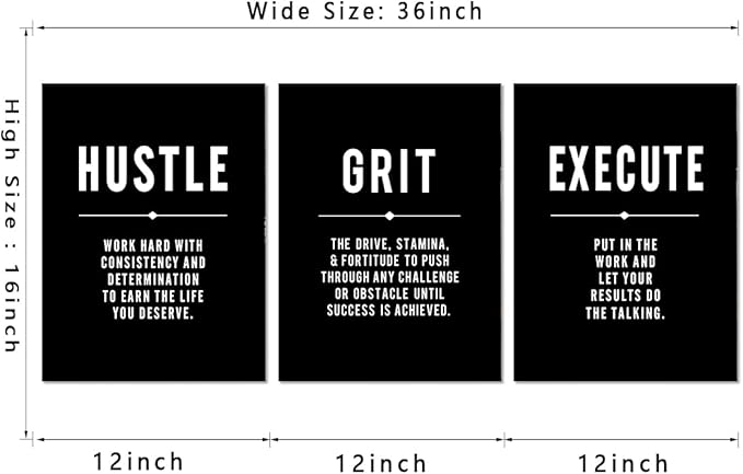Yatsen Bridge Hustle Grind Execute Canvas Wall Art - 3 Panel Inspirational Quote Prints Black & White Motivational Poster Framed Artwork for Office, Home, or Gym Wall Decor (12x16 in x 3)